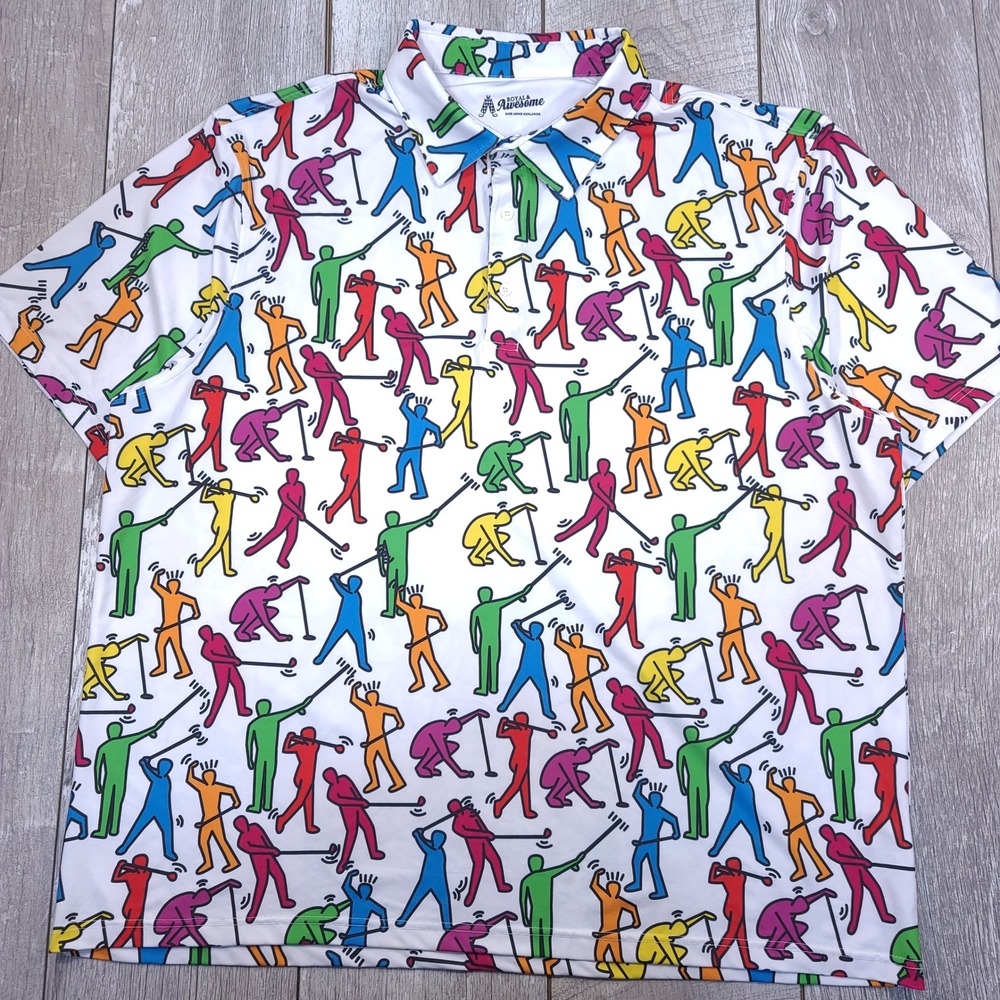 Royal & Awesome Golf Polo Mens 3XL White Keith Haring Style Graphic Print Shirt